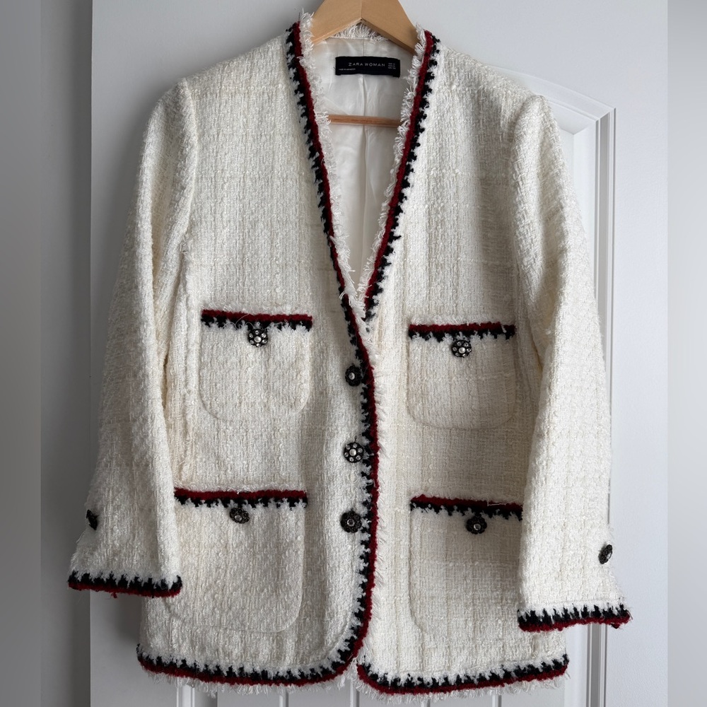 Zara White Tweed Blazer with Black and Red Trim